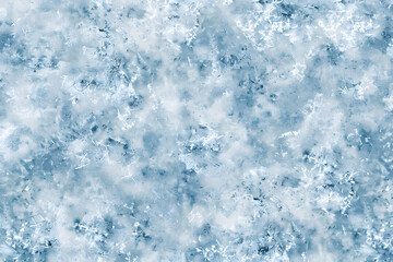 Fototapeta premium Close-up texture of frost patterns resembling delicate ferns and snowflakes in varying shades of blue, capturing the essence of winter's chill.