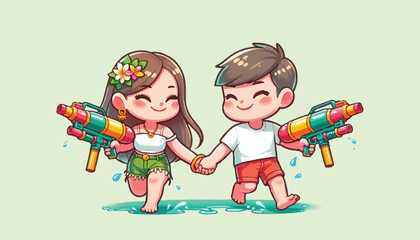 Songkran New Year, Cute Couple Play Water Gun