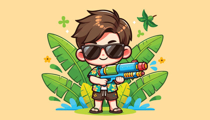 Songkran New Year, Cute Boy Play Water Gun