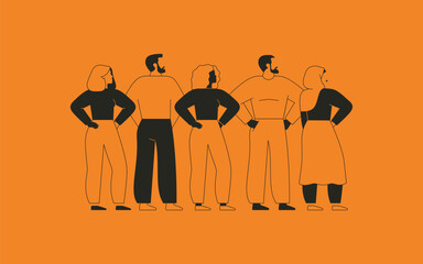 Group of diverse people. Black silhouettes of men and women standing together in a row. Gender equality and social unity. Vector illustration - 773860285