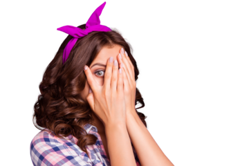Peek-a-boo! Close-up portrait of nice sweet winsome girlish attractive adorable wavy-haired lady covering closing face with palms isolated over violet pastel background