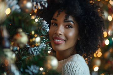 A joyful young woman with natural curly hair smiles warmly against the backdrop of a beautifully decorated Christmas tree with lights.