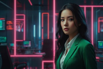 Young businesswoman in the office. Neon style