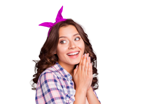 Half turn ponder pensive think thoughtful careless carefree lady with her hairstyle look aside hold hands together in clap sign she isolated on bright violet background in checkered shirt casual wear