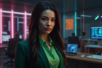 Young businesswoman in the office. Neon style