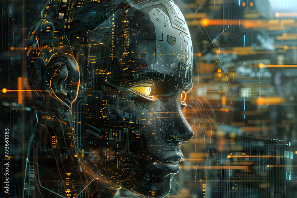 Poster a hyper-realistic representation of a futuristic ai robot with a human-like face and piercing blue e