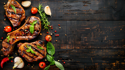 Grilled pork steaks with rosemary, spices and vegetables on wooden table, top view. Space for text
