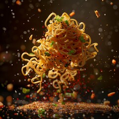 delicious noodles floating in the air, professional food photography, studio background, advertising photography, cooking ideas