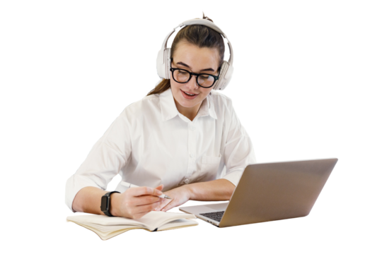 A student, a woman with headphones, is using a laptop and a tablet for online education. Transparent background.
