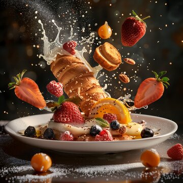 delicious continental breakfast floating in the air, professional food photography, studio background, advertising photography, cooking ideas