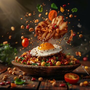 delicious bandeja paisa floating in the air, professional food photography, studio background, advertising photography, cooking ideas