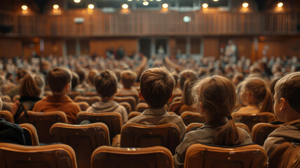 School children seated in an auditorium, viewed from behind, create a sense of anticipation and community during an educational event or presentation. - obrazy, fototapety, plakaty