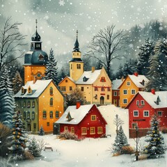 Snowy Village Painting With Church - obrazy, fototapety, plakaty