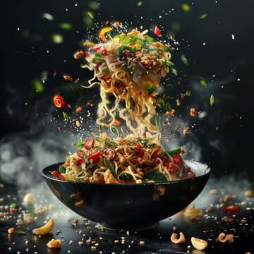 delicious chopsuey floating in the air, professional food photography, studio background, advertising photography, cooking ideas
