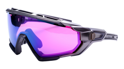 A stylish pair of sunglasses with purple lenses is showcased against a neutral background