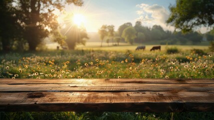 Wooden Table in Field With Grazing Cow