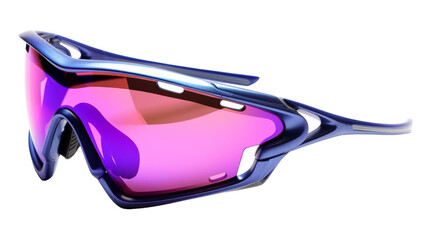 A pair of sunglasses with purple lenses against a vibrant background