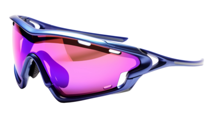 A pair of sunglasses with purple lenses against a vibrant background