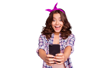 Glad positive lady with open mouth staring eyes her style stylish trendy curly wave brunette hair she isolated on bright purple violet background in checkered shirt casual wear hold cellular in hand