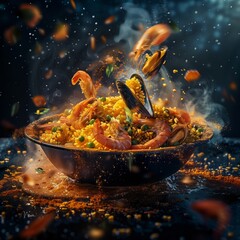 Obraz na płótnie Canvas delicious paella floating in the air, professional food photography, studio background, advertising photography, cooking ideas
