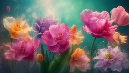 A mesmerizing illusion of flowers blooming underwater with a surreal bokeh effect and ethereal lighting