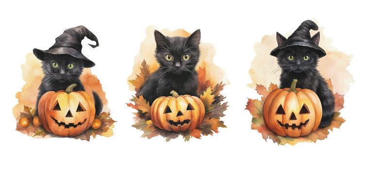 Cute watercolor Halloween collection.Set with black cats,spider web and pumpkins.Perfect for wallpaper,print,stationery, scrapbooking, packaging,party decorations.