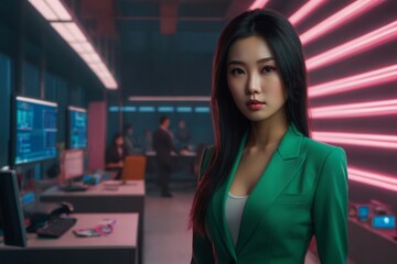 Young businesswoman in the office. Neon style