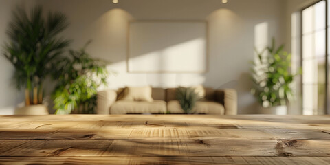  Empty wood table top counter on living room interior background , empty wooden table in modern  living room background ,Banner, Ready for product display