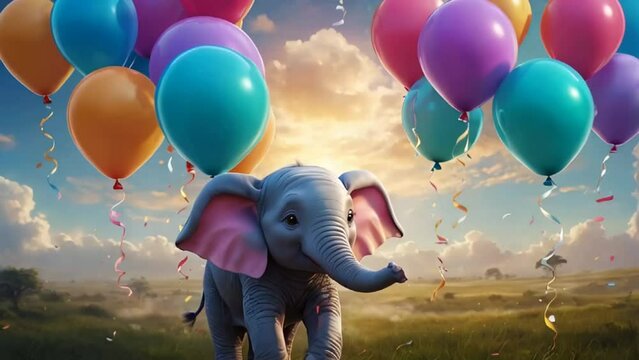 Cute cartoon elephant with balloons