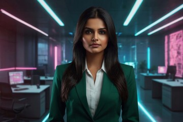 Young businesswoman in the office. Neon style