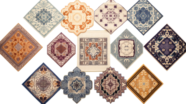 A variety of colorful rugs hanging on a wall like a cascading waterfall of woven tapestries