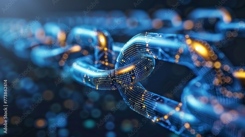 Poster a chain of blue and orange links. the chain is made of a material that is not visible
