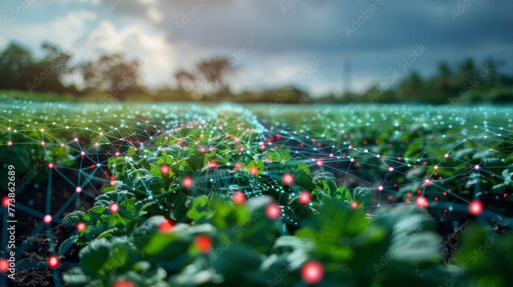 Poster a field of plants with a network of red and green lights. the lights are connected to a computer sys