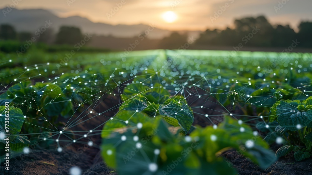 Poster a field of green plants with a network of white dots connecting them. concept of interconnectedness 