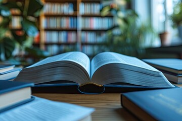 Fototapeta premium Open book on the table. Education, reading and knowledge is banner backagrund. Study at university or school concept, Bright color, ultra realistic with generative ai
