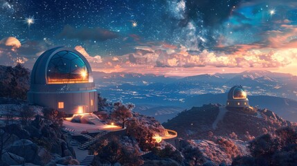 A beautiful night sky with two observatories on top of a mountain. The sky is filled with stars and the mountains are covered in snow. The scene is peaceful and serene - obrazy, fototapety, plakaty