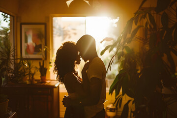 A tender moment is captured as a couple embraces in silhouette, surrounded by the warm glow of sunlight filtering through a cozy, plant-filled room. - obrazy, fototapety, plakaty
