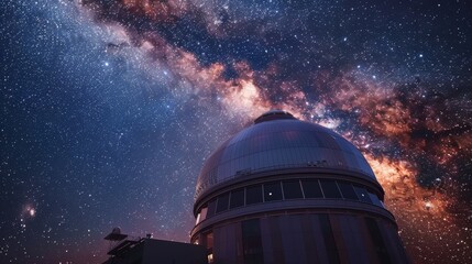 A large dome-shaped building with a telescope on top. The sky is filled with stars and a large cloud of red and orange milk