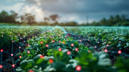 A field of plants with a network of red and green lights. The lights are connected to a computer system that is monitoring the plants