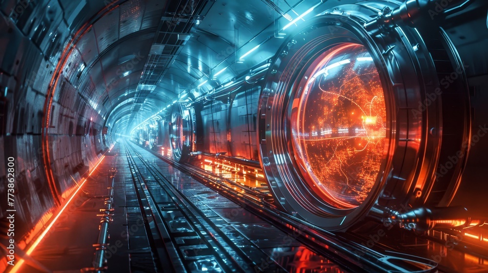 Poster a tunnel with a large red and orange light shining through it. the tunnel is dark and the light is b