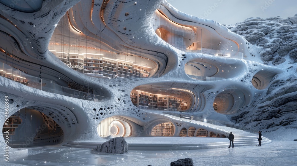 Poster a large building with a lot of windows and a lot of books. the building is made of ice and snow