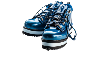 A vibrant pair of blue shoes with laces tied in an intricate pattern