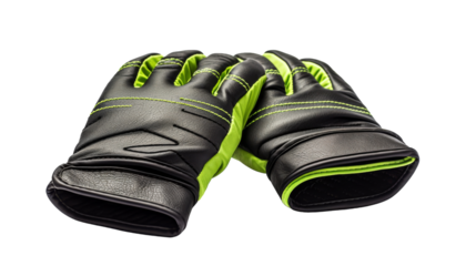 A pair of black and green gloves resting on a white background