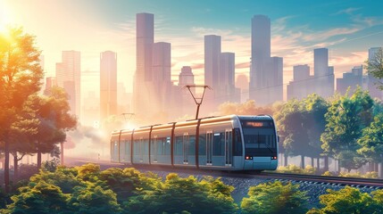 A train is traveling through a forest and city. The train is on a track and is surrounded by trees. The city is in the background and the sky is blue - obrazy, fototapety, plakaty
