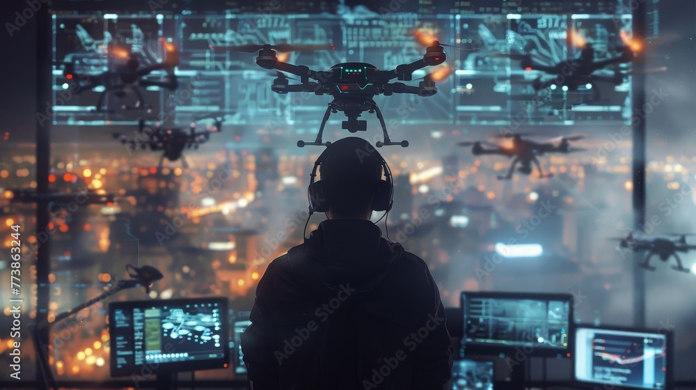 Poster a man is looking at a computer screen with a lot of drones on it. the drones are flying in the sky a