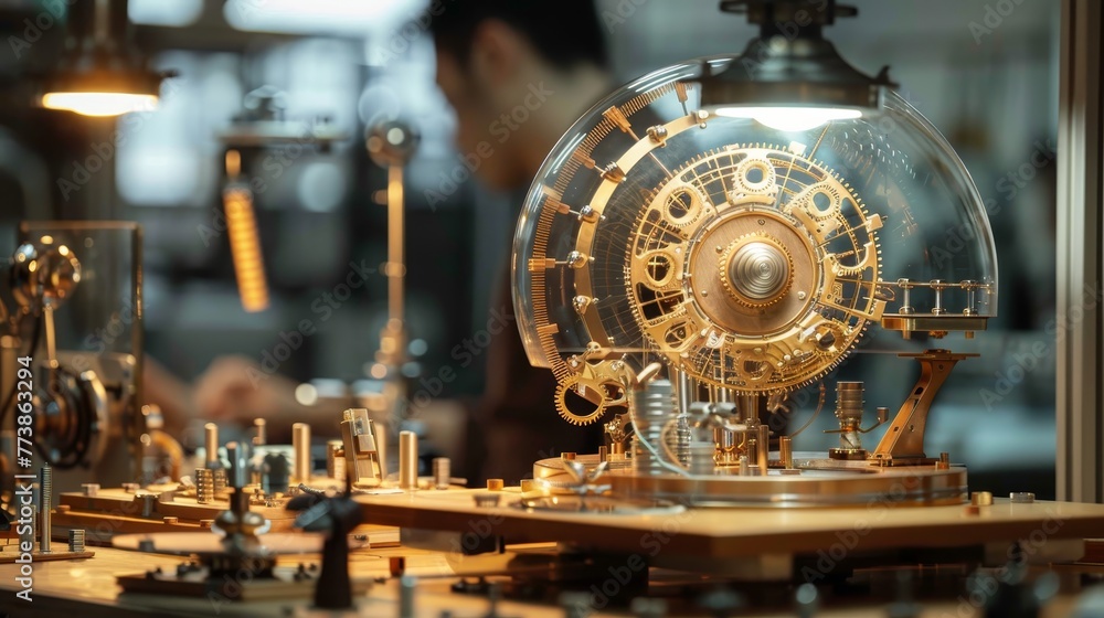 Poster a man is working on a clock that is in a glass case. the clock is very old and has many gears. the m