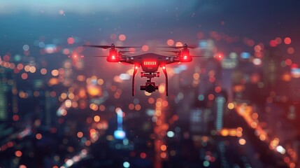 A red drone is flying over a city at night. The drone is equipped with lights and is hovering over a busy street. The scene is filled with bright lights from the city, creating a vibrant