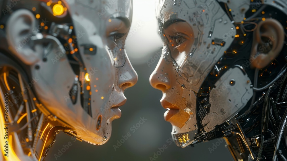 Poster two robots with glowing eyes and metallic faces are facing each other. the scene is futuristic and g