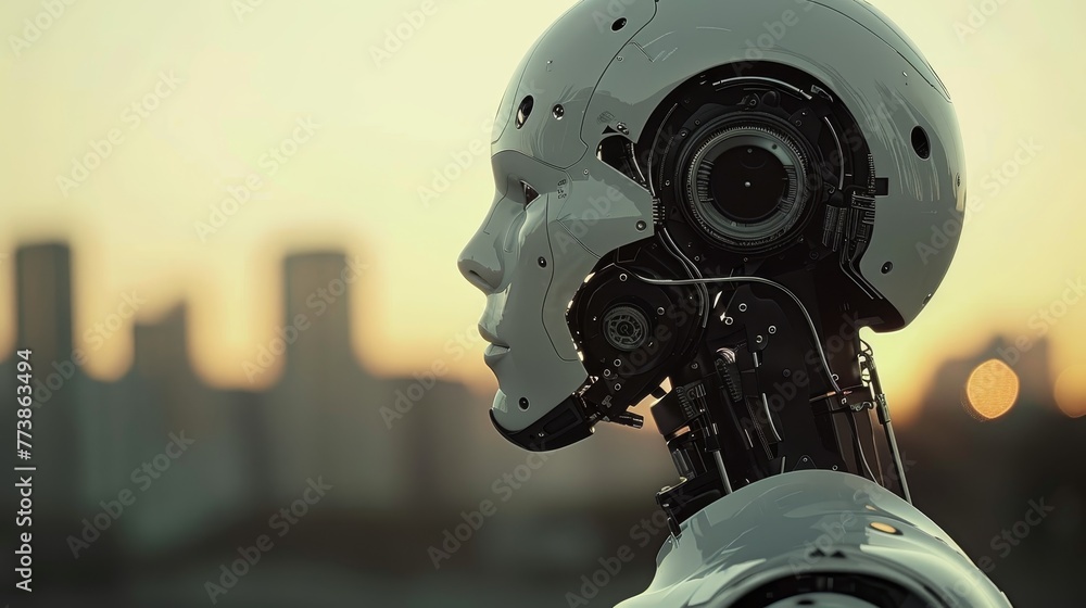 Poster a robot with a white face stands in front of a city skyline. the robot's face is illuminated by the 