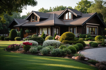 Peaceful and serene cottage area landscape design with lush greenery and scenic view